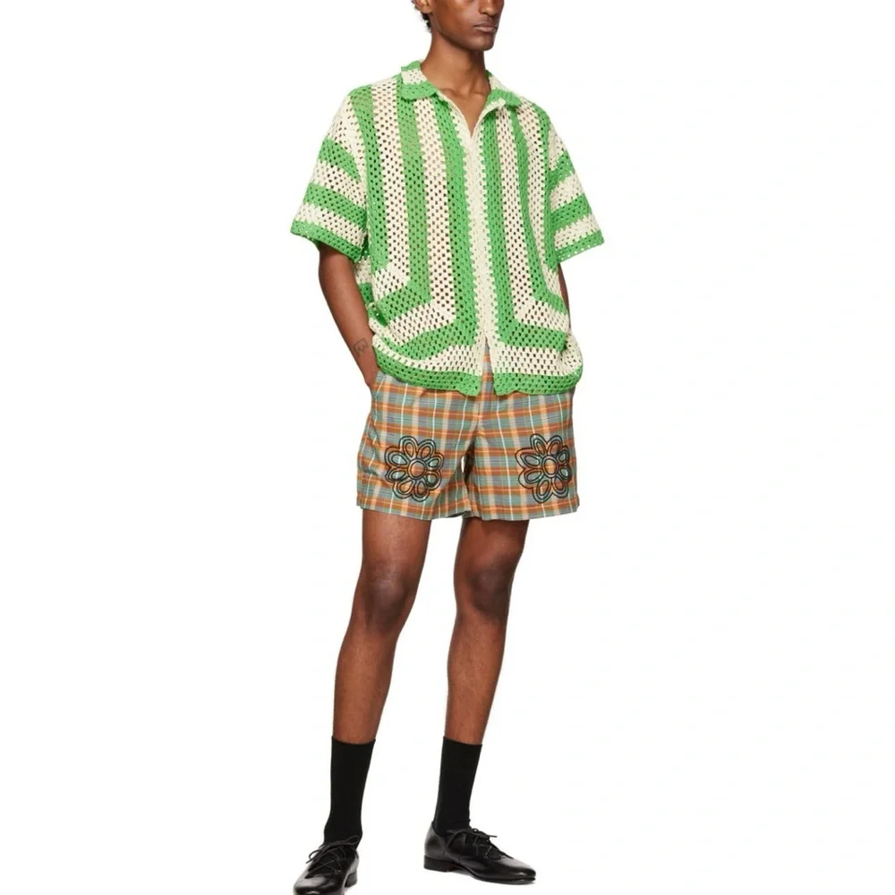 Bode Crochet Shirt (Sz S/M) Flagship Short Sleeve Button Up Striped Green Cream